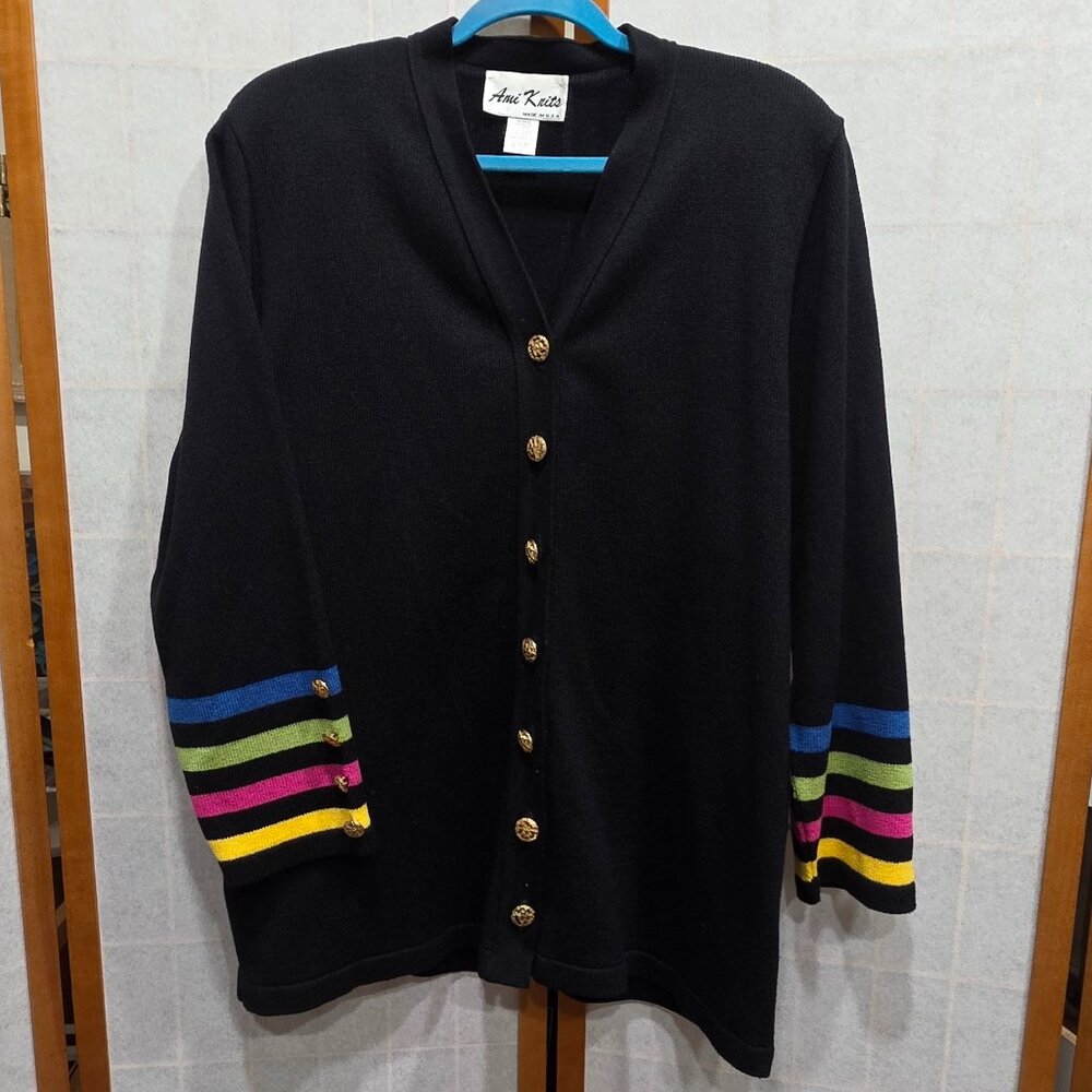 VINTGE Long Sleeve Black Sweater with Colorful Stripes on Sleeves sz 2X